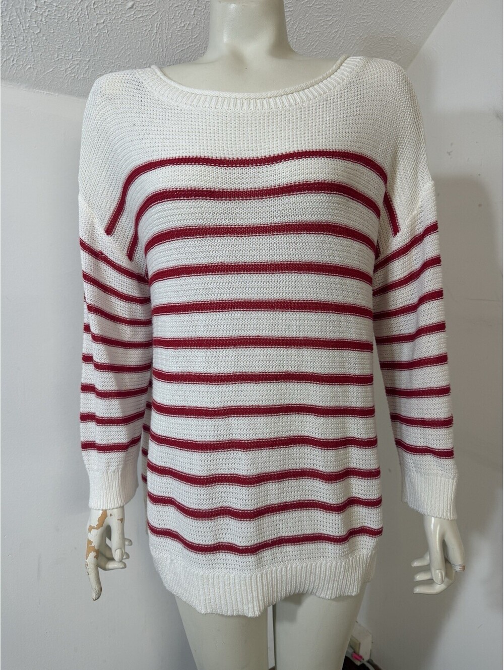 Loft Womens Large Sweater Red White Striped 3/4 Sleeves Round Neck Knit